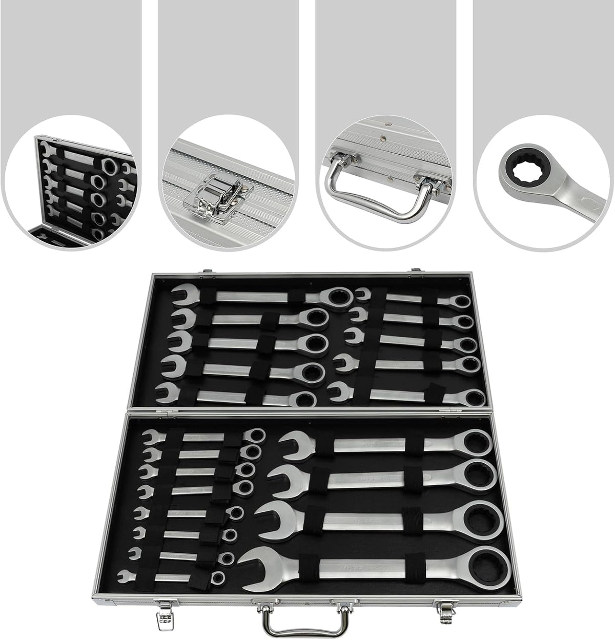 Set 22 viljuškasto-okasta ključa sa krckalicom 6–32 mm – metalni kofer