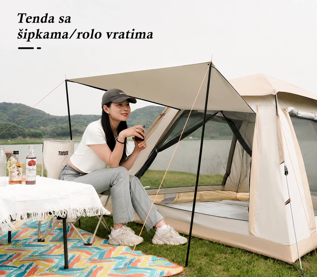 Automatski Pop-Up Šator za 3-4 Osobe sa Nadstrešnicom – 215 x 215 x 140 cm