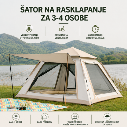 Automatski Pop-Up Šator za 3-4 Osobe sa Nadstrešnicom – 215 x 215 x 140 cm