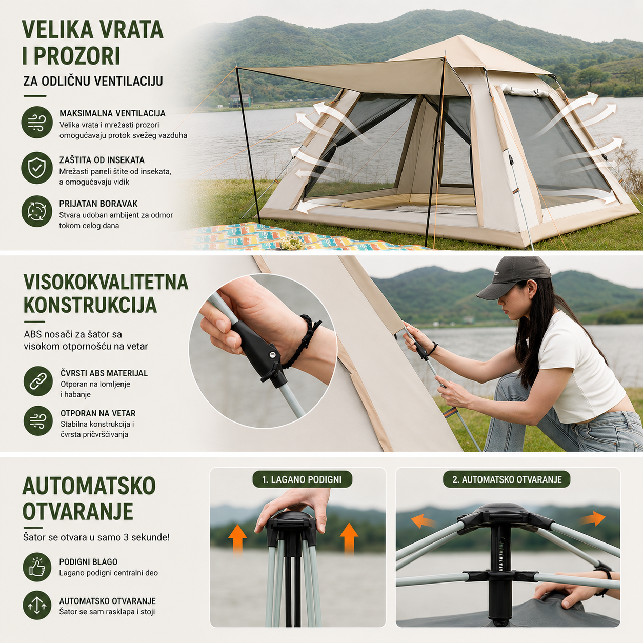 Automatski Pop-Up Šator za 3-4 Osobe sa Nadstrešnicom – 215 x 215 x 140 cm