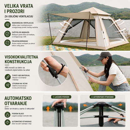 Automatski Pop-Up Šator za 3-4 Osobe sa Nadstrešnicom – 215 x 215 x 140 cm
