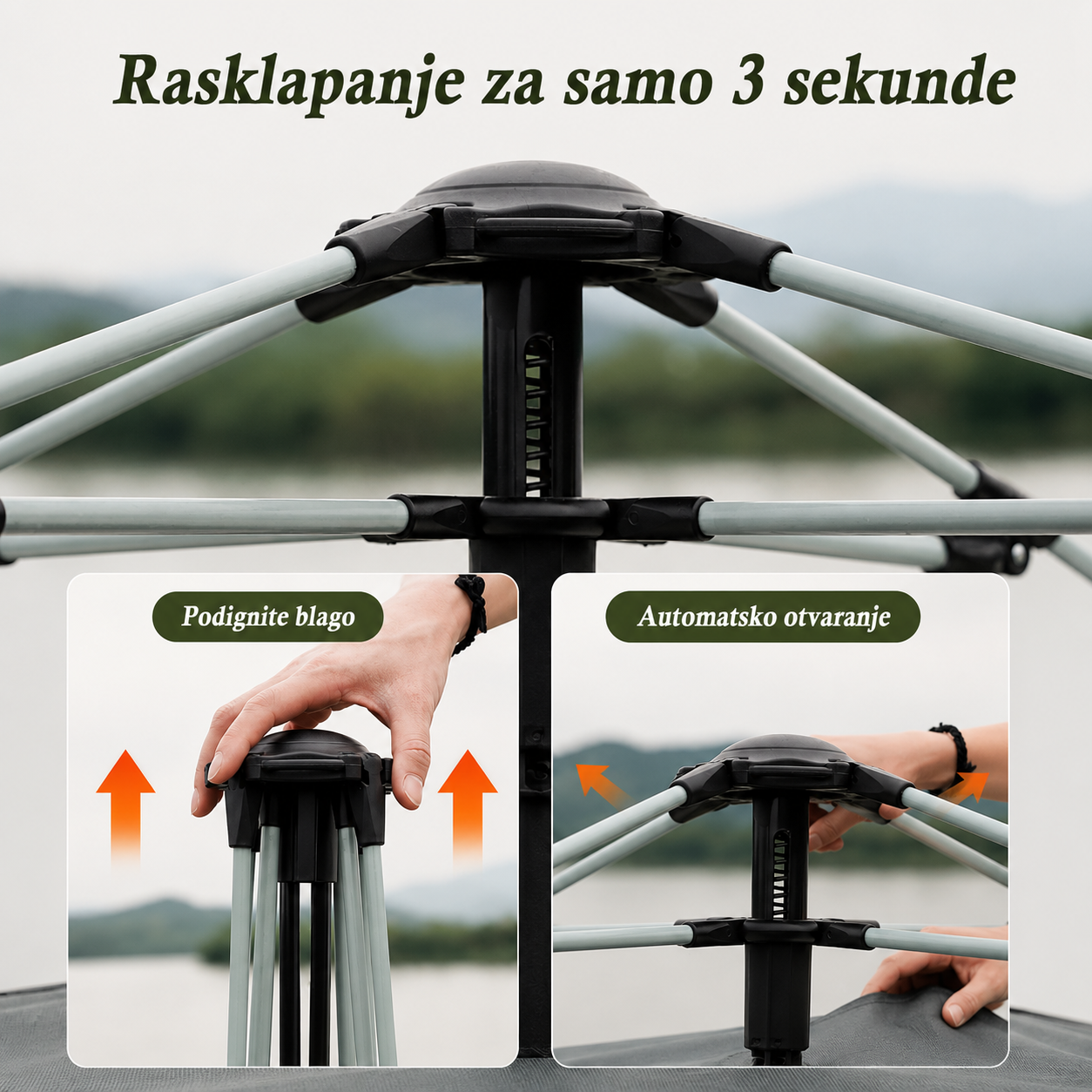 Automatski Pop-Up Šator za 3-4 Osobe sa Nadstrešnicom – 215 x 215 x 140 cm