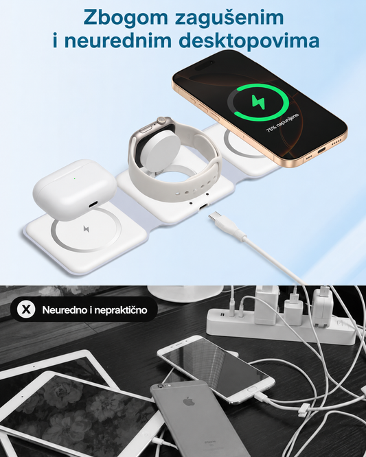 3 u 1 Bežični Punjač za iPhone, Apple Watch i AirPods - Sklopivi MagSafe Stalak