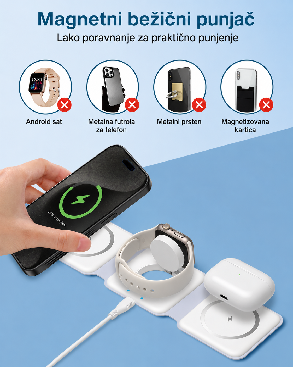 3 u 1 Bežični Punjač za iPhone, Apple Watch i AirPods - Sklopivi MagSafe Stalak