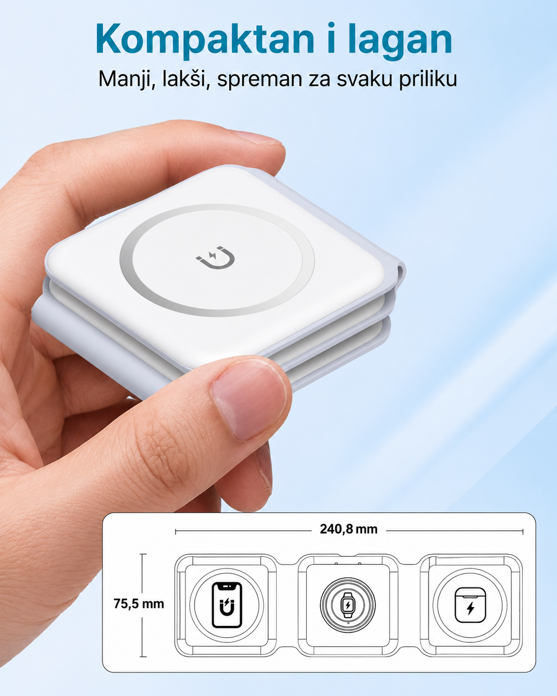 3 u 1 Bežični Punjač za iPhone, Apple Watch i AirPods - Sklopivi MagSafe Stalak