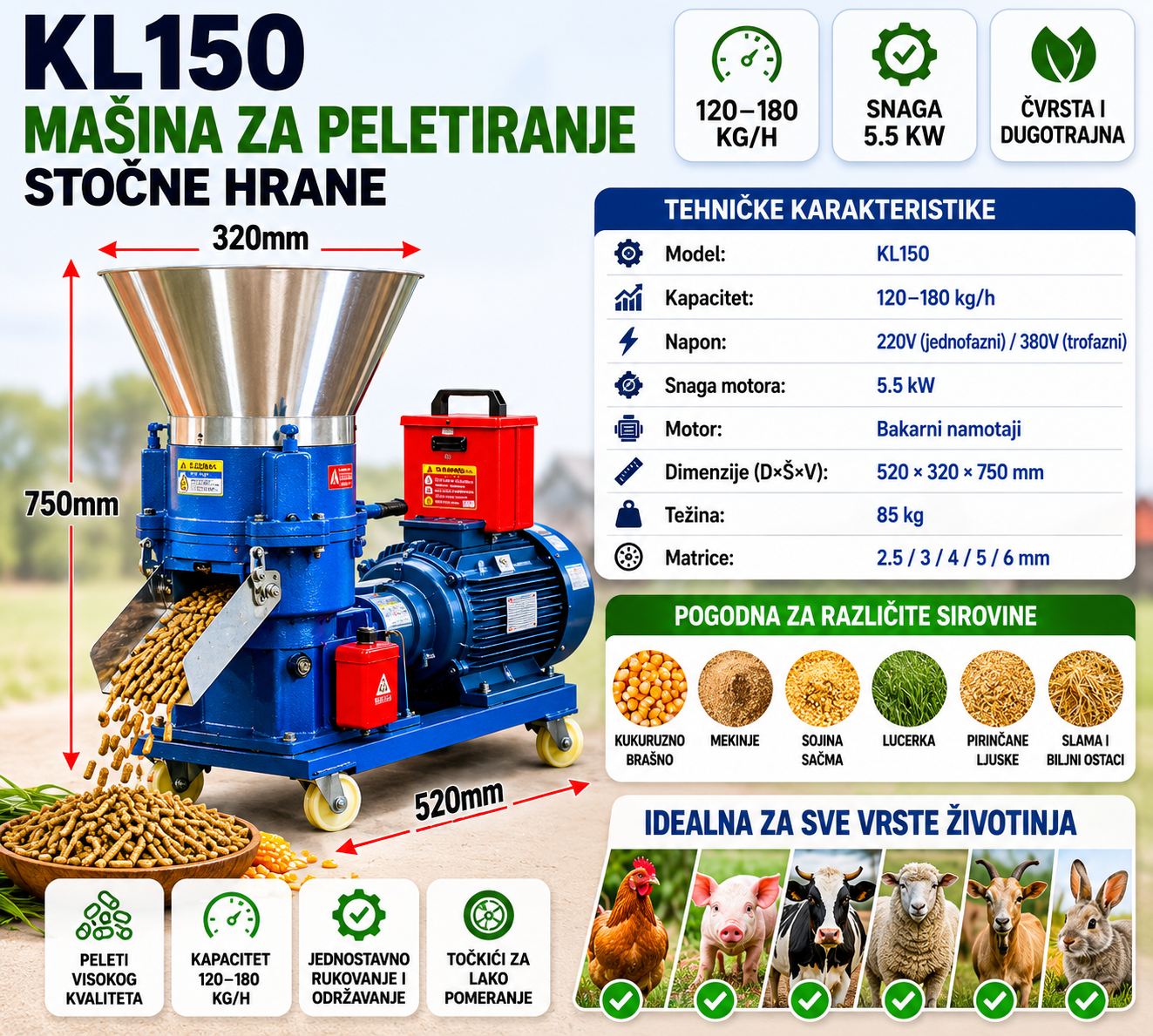 Mašina za Peletiranje Stočne Hrane KL150 - 120 do 180 kg/h