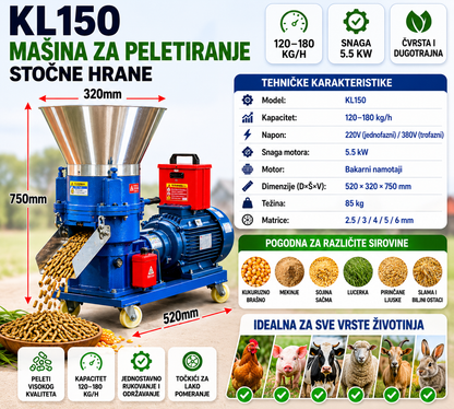 Mašina za Peletiranje Stočne Hrane KL150 - 120 do 180 kg/h