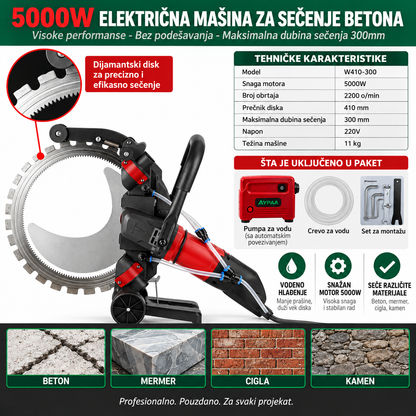 Profesionalna električna prstenasta testera za beton - 5000 W, 300 mm dubina reza