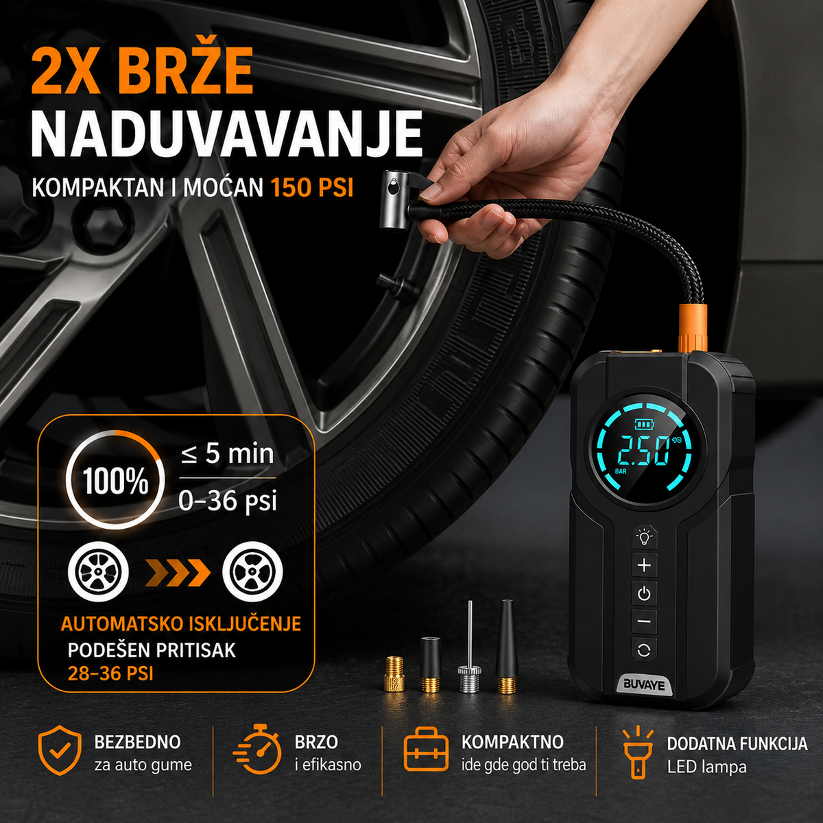 BUVAYE 4-u-1 Prenosni Starter za Auto 1000A + Kompresor 150 PSI