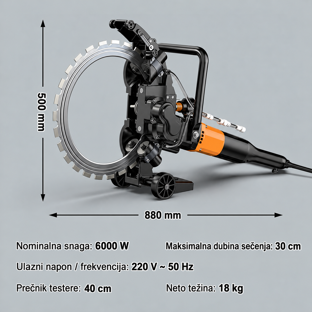 Profesionalna električna prstenasta testera za beton – Brushless 6000W, dubina reza do 300 mm