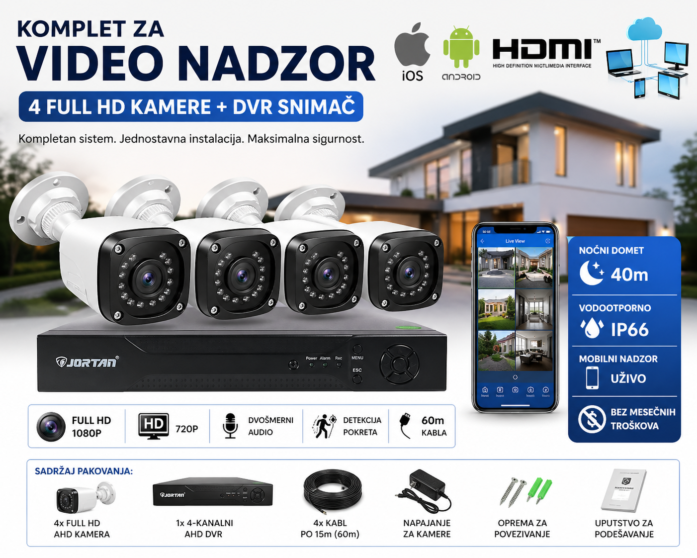 Komplet za video nadzor - 4 Full HD AHD kamere + DVR snimač | Noćni domet 40m | Mobilni nadzor