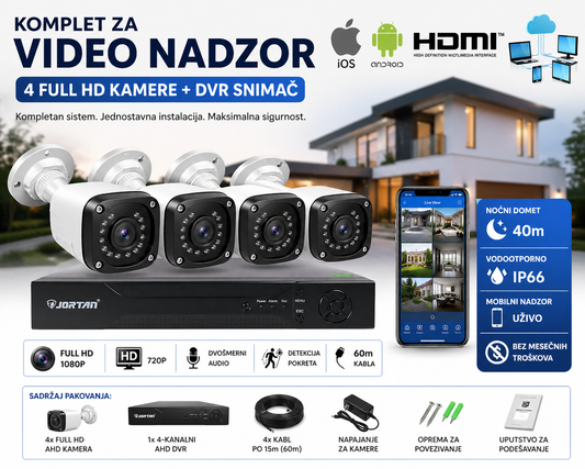Komplet za video nadzor - 4 Full HD AHD kamere + DVR snimač | Noćni domet 40m | Mobilni nadzor