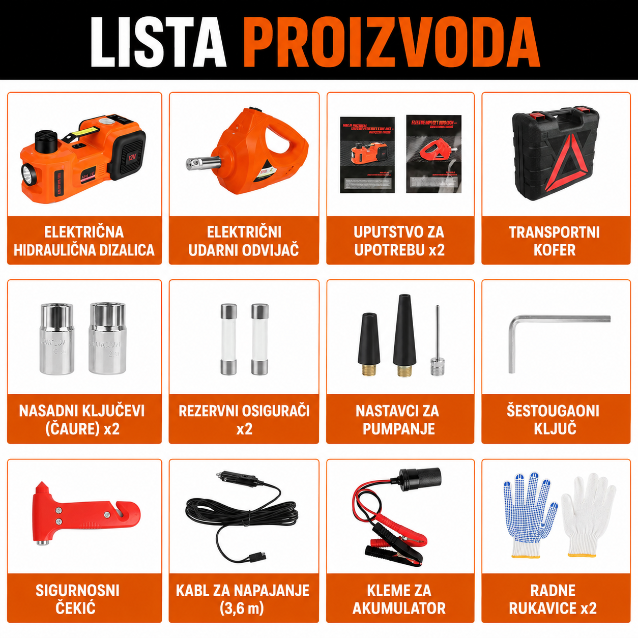 5 u 1 Auto Set za Hitne Situacije - Električna Dizalica, Aku Odvijač, Kompresor, LED Lampa i Sigurnosni Trougao