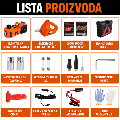 5 u 1 Auto Set za Hitne Situacije - Električna Dizalica, Aku Odvijač, Kompresor, LED Lampa i Sigurnosni Trougao