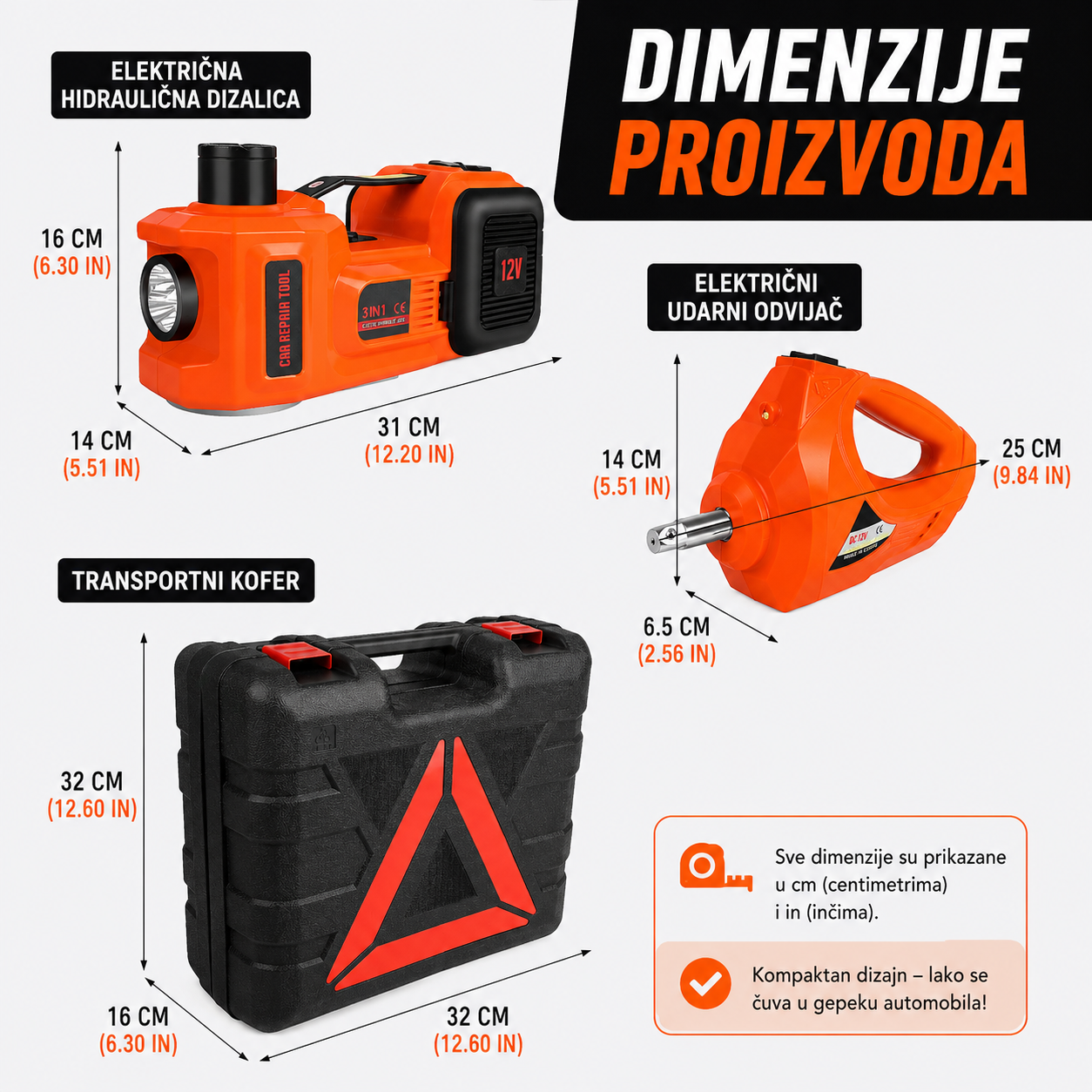 5 u 1 Auto Set za Hitne Situacije - Električna Dizalica, Aku Odvijač, Kompresor, LED Lampa i Sigurnosni Trougao