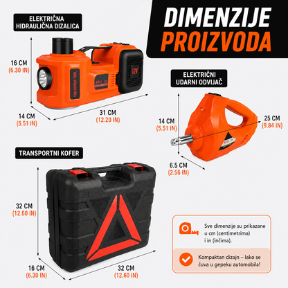5 u 1 Auto Set za Hitne Situacije - Električna Dizalica, Aku Odvijač, Kompresor, LED Lampa i Sigurnosni Trougao