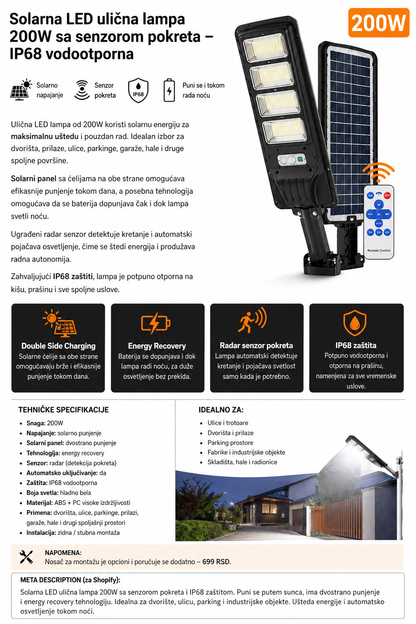 Solarna LED ulična lampa 200W | Radar senzor pokreta | IP68